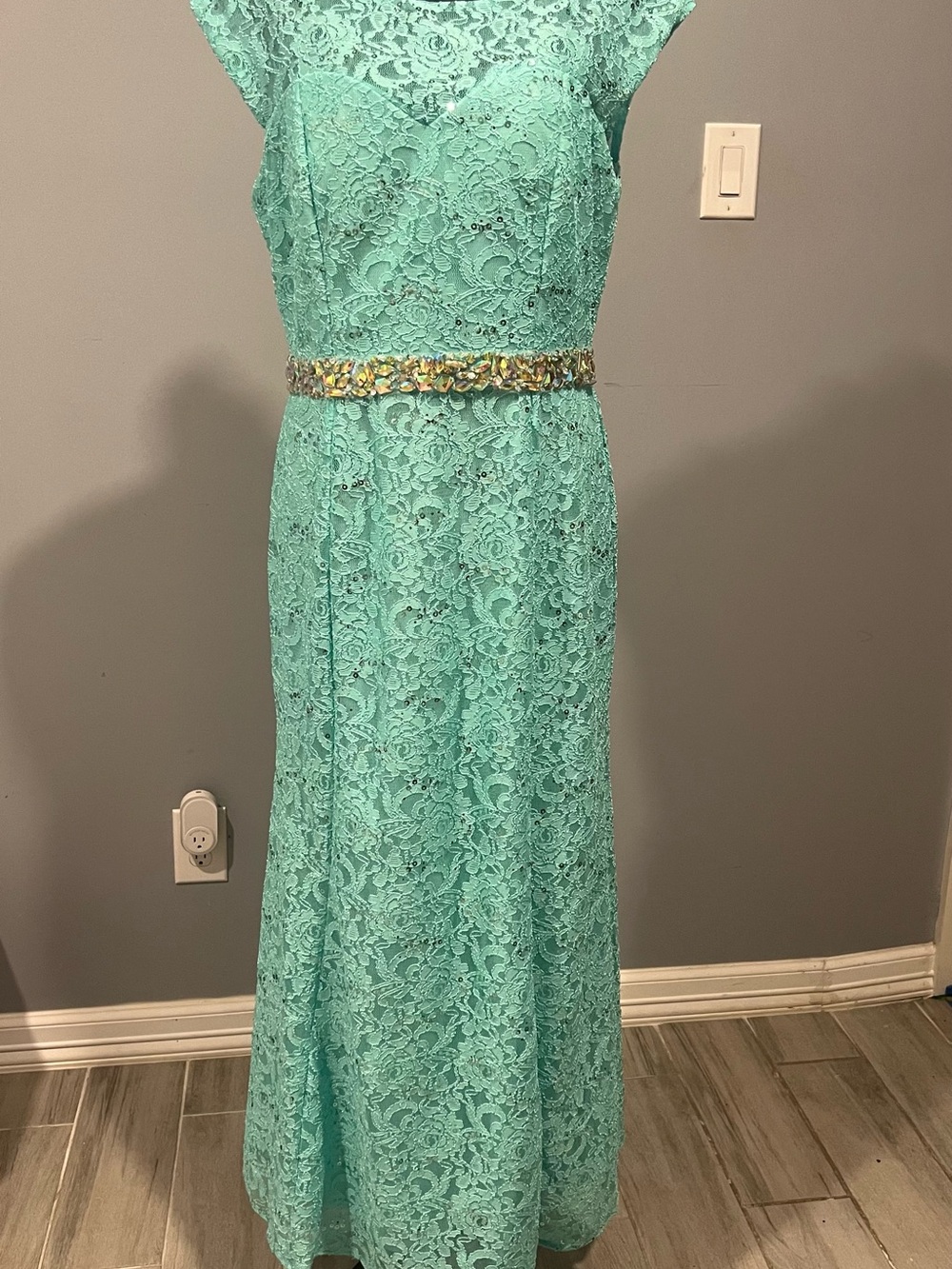 Seafoam Lace Maxi Dress with Embellished Waist